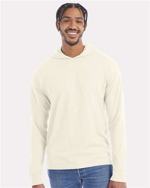 Hanes GDH280 Unisex Garment-Dyed Jersey Hooded Long Sleeve T-Shirt - Parchment - model front