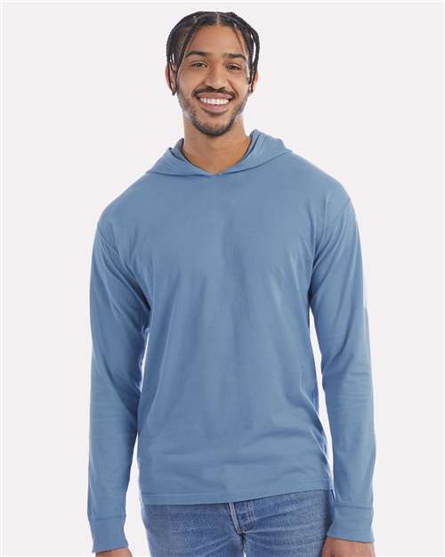 Hanes GDH280 Unisex Garment-Dyed Jersey Hooded Long Sleeve T-Shirt - Saltwater - model front