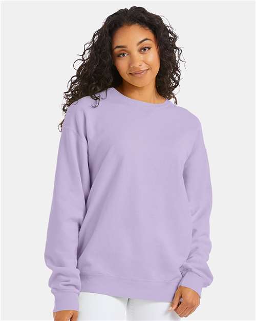 Hanes GDH400 Unisex Garment-Dyed Crewneck Sweatshirt - Future Lavender - model front
