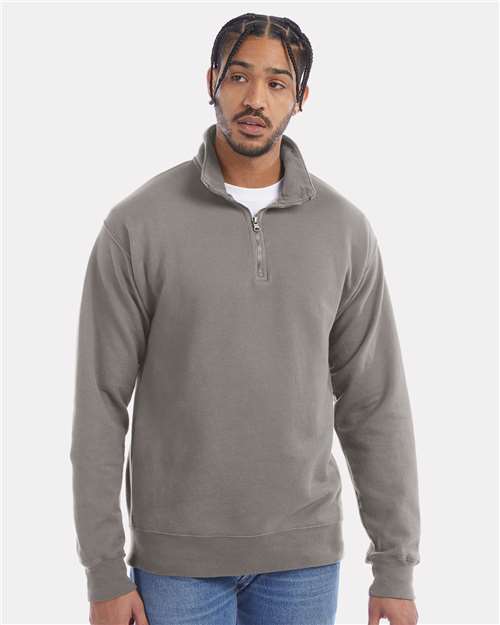 Hanes GDH425 Unisex Garment-Dyed Quarter-Zip Sweatshirt - Concrete Grey - model front