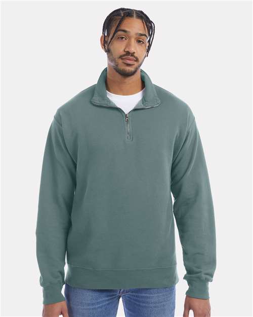 Hanes GDH425 Unisex Garment-Dyed Quarter-Zip Sweatshirt - Cypress Green - model front