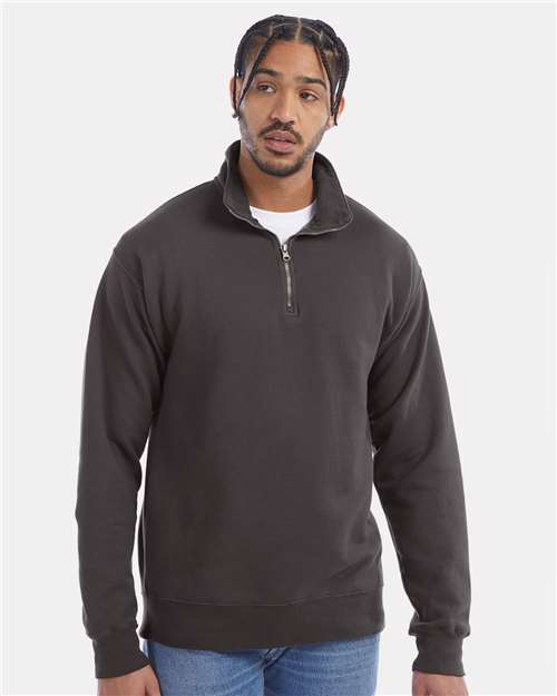 Hanes GDH425 Unisex Garment-Dyed Quarter-Zip Sweatshirt - New Railroad Grey - model front