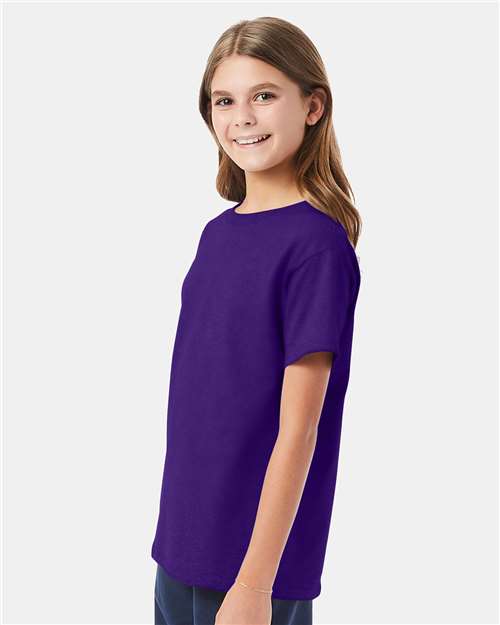 Hanes 5480 Youth Essential-T T-Shirt - Athletic Purple - model side