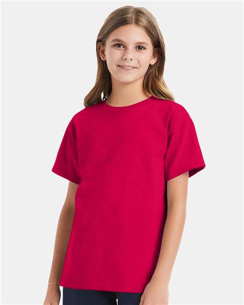 Hanes 5480 Youth Essential-T T-Shirt - Athletic Crimson - model front