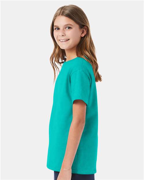 Hanes 5480 Youth Essential-T T-Shirt - Athletic Teal - model side