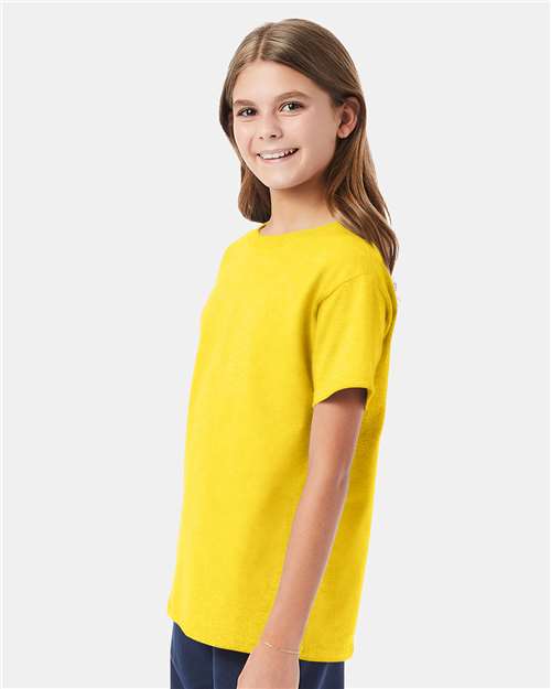 Hanes 5480 Youth Essential-T T-Shirt - Athletic Yellow - model side