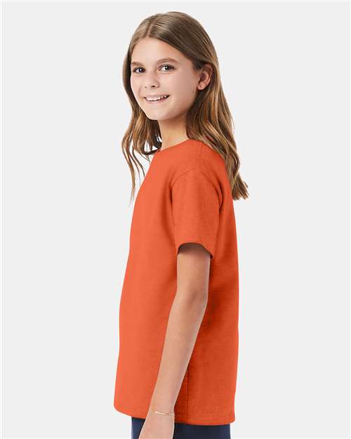 Hanes 5480 Youth Essential-T T-Shirt - Texas Orange - model side