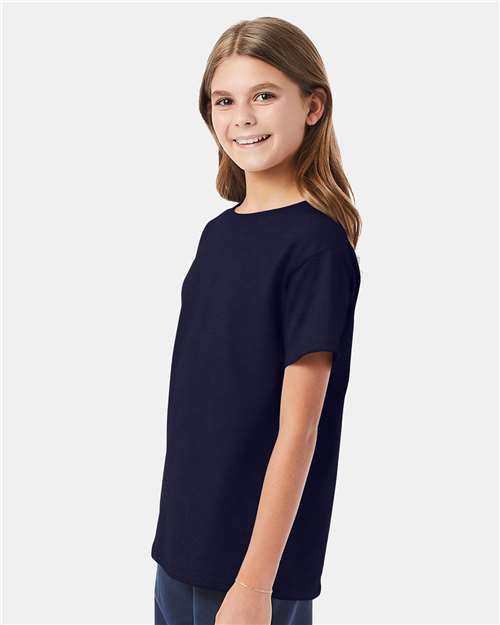 Hanes 5480 Youth Essential-T T-Shirt - Athletic Navy - model side