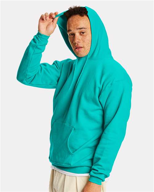 Hanes P170 EcoSmart Hooded Sweatshirt - Athletic Teal - model side