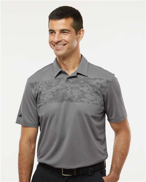 Adidas A585 Men's Camo Chest Print Polo - Grey Three - model front