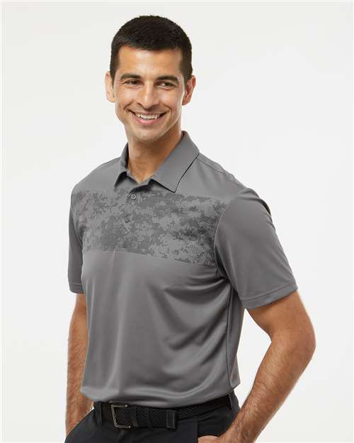 Adidas A585 Men's Camo Chest Print Polo - Grey Three - model side