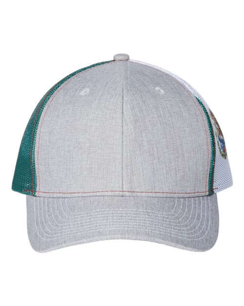 Kati S700M Printed Mesh Trucker Cap - Heather Grey/ Red/ Mexico Flag - front