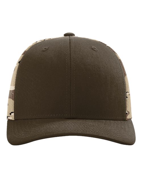 Richardson 112PM Printed Mesh Trucker Cap - Brown/ Desert Camo - front