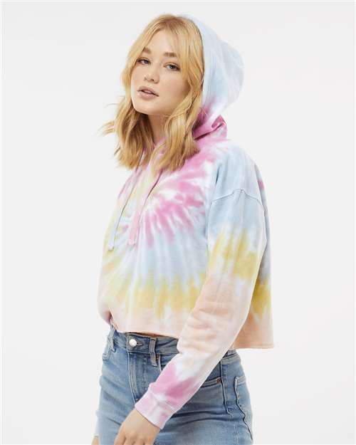 Colortone 8333 Women's Tie-Dyed Crop Hooded Sweatshirt - Desert Rose - model side