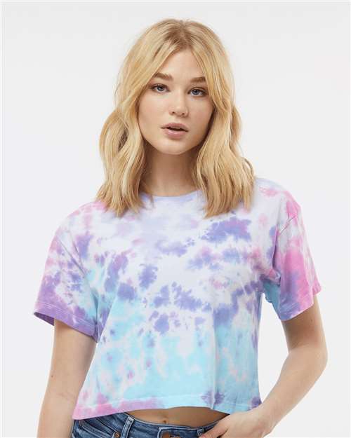 Colortone 1050 Women's Tie-Dyed Crop T-Shirt - Cotton Candy - model front