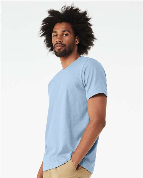 Bella+Canvas 3001CVC Unisex Heather CVC Short Sleeve Tee - Heather Baby Blue - model side