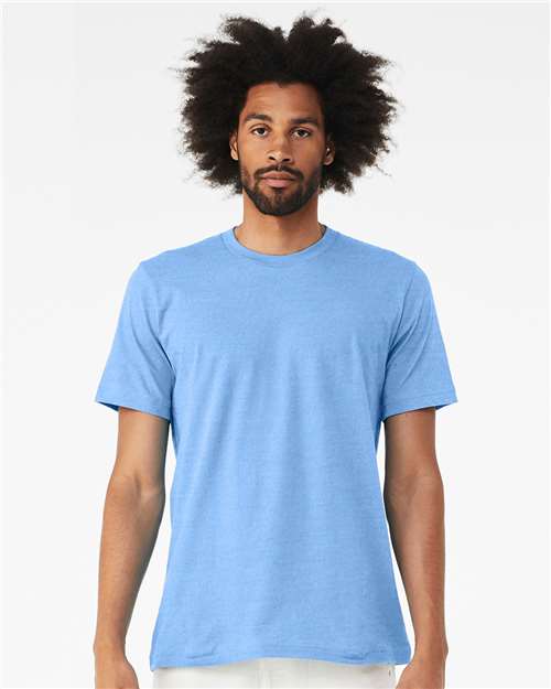 Bella+Canvas 3001CVC Unisex Heather CVC Short Sleeve Tee - Heather Carolina Blue - model front