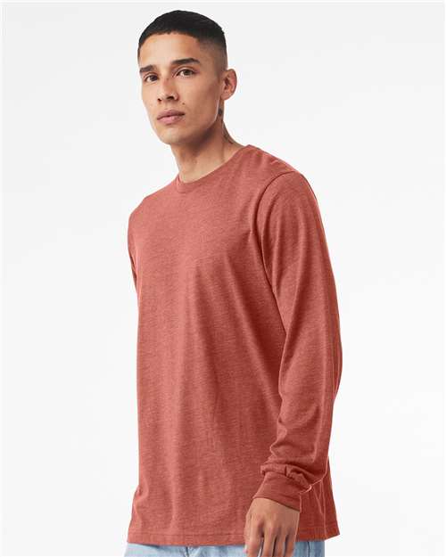 BELLA + CANVAS 3501CVC Heather CVC Long Sleeve Tee - Heather Clay - model side