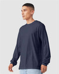 BELLA + CANVAS 3501CVC Heather CVC Long Sleeve Tee - Heather Midnight Navy - model side