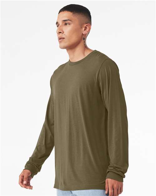 BELLA + CANVAS 3501CVC Heather CVC Long Sleeve Tee - Heather Olive - model side