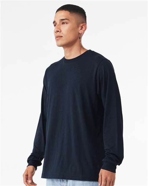 BELLA + CANVAS 3513 Unisex Triblend Long Sleeve Tee - Solid Navy Triblend - model side