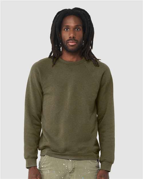 BELLA + CANVAS 3901 Unisex Sponge Fleece Raglan Crewneck Sweatshirt - Heather Olive - model front