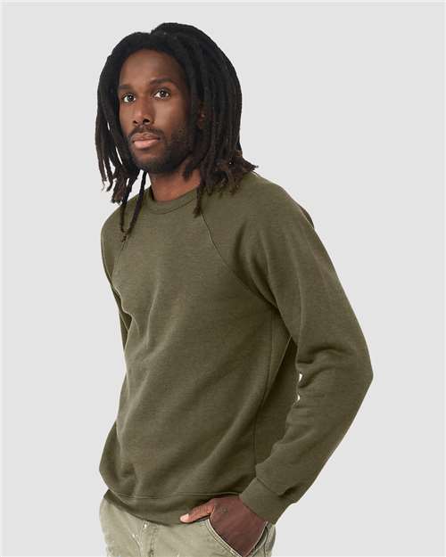 BELLA + CANVAS 3901 Unisex Sponge Fleece Raglan Crewneck Sweatshirt - Heather Olive - model side