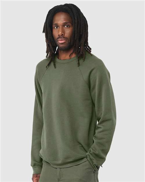 BELLA + CANVAS 3901 Unisex Sponge Fleece Raglan Crewneck Sweatshirt - Military Green - model side