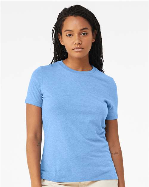 BELLA + CANVAS 6400CVC Women’s Relaxed Fit Heather CVC Tee - Heather Carolina Blue - model front