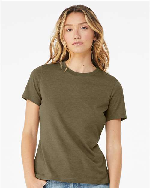 BELLA + CANVAS 6400CVC Women’s Relaxed Fit Heather CVC Tee - Heather Olive - model front