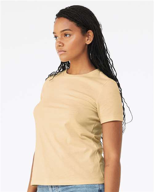 BELLA + CANVAS 6400CVC Women’s Relaxed Fit Heather CVC Tee - Heather Soft Cream - model side