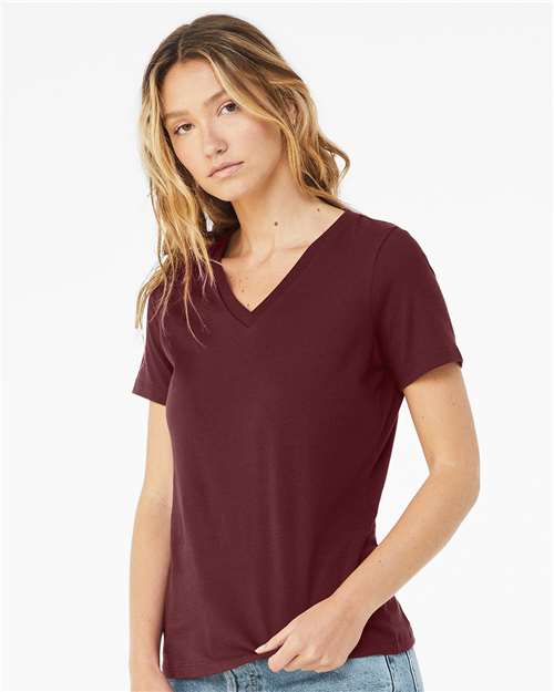 BELLA + CANVAS 6405 Women’s Relaxed Jersey V-Neck Tee - Maroon - model side