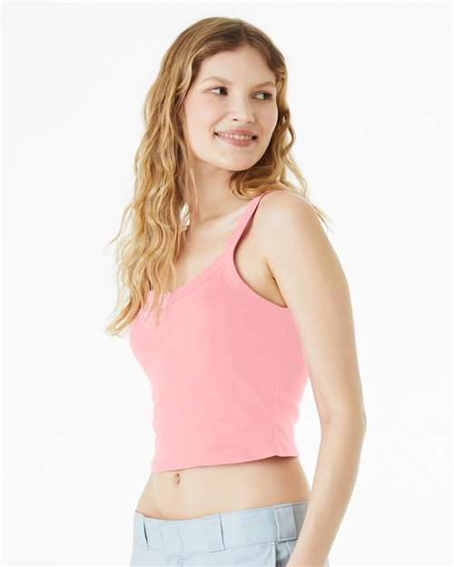 BELLA + CANVAS 1012 Women's Micro Rib Spaghetti Strap Tank - Solid Pink Blend - model side