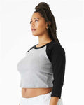 BELLA + CANVAS 1200 Women's Micro Rib Three-Quarter Raglan Sleeve Baby Tee - Athletic Heather/ Black - model side