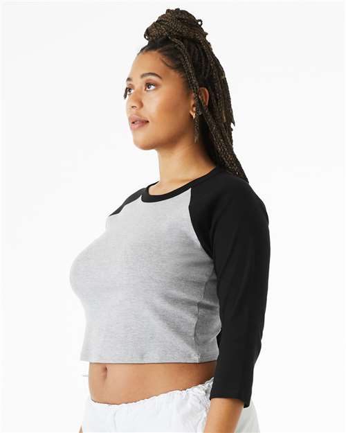 BELLA + CANVAS 1200 Women's Micro Rib Three-Quarter Raglan Sleeve Baby Tee - Athletic Heather/ Black - model side
