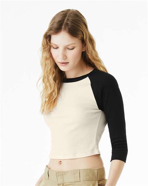 BELLA + CANVAS 1200 Women's Micro Rib Three-Quarter Raglan Sleeve Baby Tee - Natural/ Black - model side