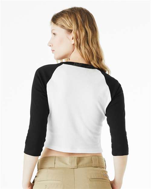 BELLA + CANVAS 1200 Women's Micro Rib Three-Quarter Raglan Sleeve Baby Tee - White/ Black - model back