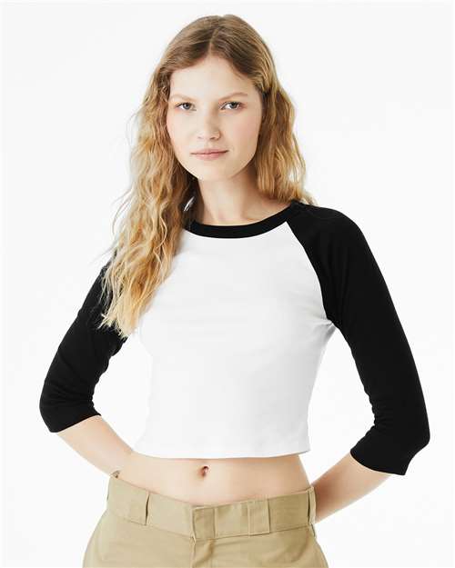 BELLA + CANVAS 1200 Women's Micro Rib Three-Quarter Raglan Sleeve Baby Tee - White/ Black - model front
