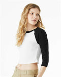 BELLA + CANVAS 1200 Women's Micro Rib Three-Quarter Raglan Sleeve Baby Tee - White/ Black - model side