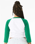 BELLA + CANVAS 1200 Women's Micro Rib Three-Quarter Raglan Sleeve Baby Tee - White/ Kelly - model back