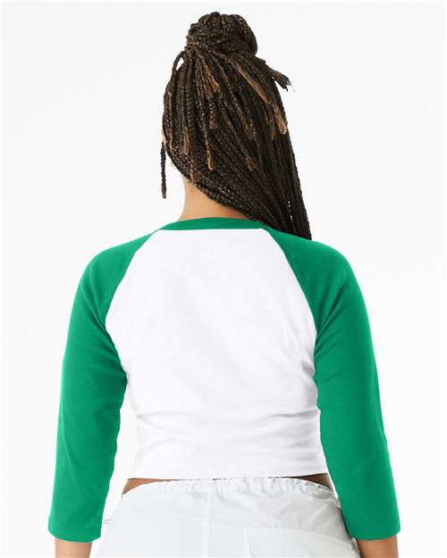 BELLA + CANVAS 1200 Women's Micro Rib Three-Quarter Raglan Sleeve Baby Tee - White/ Kelly - model back
