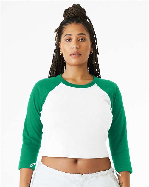 BELLA + CANVAS 1200 Women's Micro Rib Three-Quarter Raglan Sleeve Baby Tee - White/ Kelly - model front
