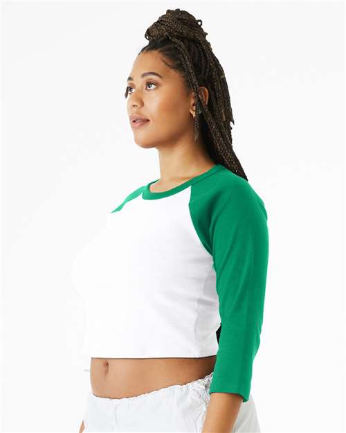 BELLA + CANVAS 1200 Women's Micro Rib Three-Quarter Raglan Sleeve Baby Tee - White/ Kelly - model side
