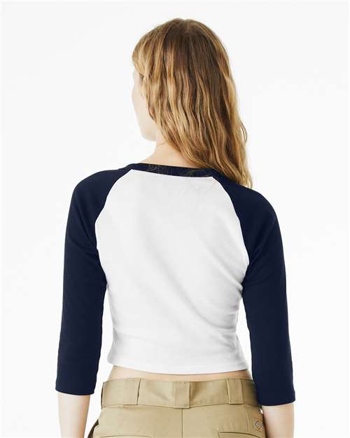 BELLA + CANVAS 1200 Women's Micro Rib Three-Quarter Raglan Sleeve Baby Tee - White/ Navy - model back