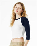 BELLA + CANVAS 1200 Women's Micro Rib Three-Quarter Raglan Sleeve Baby Tee - White/ Navy - model side