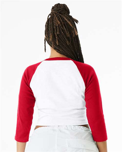 BELLA + CANVAS 1200 Women's Micro Rib Three-Quarter Raglan Sleeve Baby Tee - White/ Red - model back