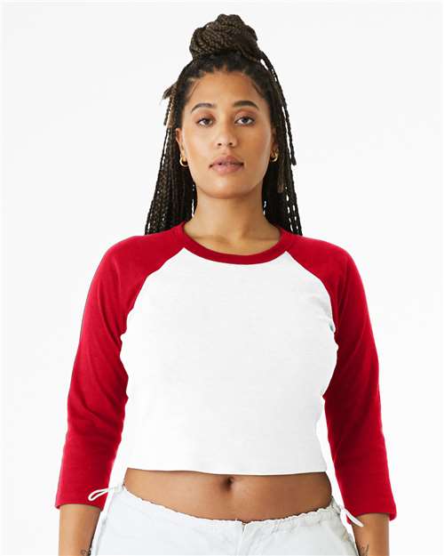 BELLA + CANVAS 1200 Women's Micro Rib Three-Quarter Raglan Sleeve Baby Tee - White/ Red - model front