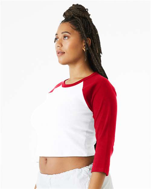 BELLA + CANVAS 1200 Women's Micro Rib Three-Quarter Raglan Sleeve Baby Tee - White/ Red - model side