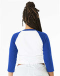 BELLA + CANVAS 1200 Women's Micro Rib Three-Quarter Raglan Sleeve Baby Tee - White/ True Royal - model back