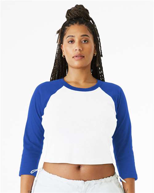 BELLA + CANVAS 1200 Women's Micro Rib Three-Quarter Raglan Sleeve Baby Tee - White/ True Royal - model front
